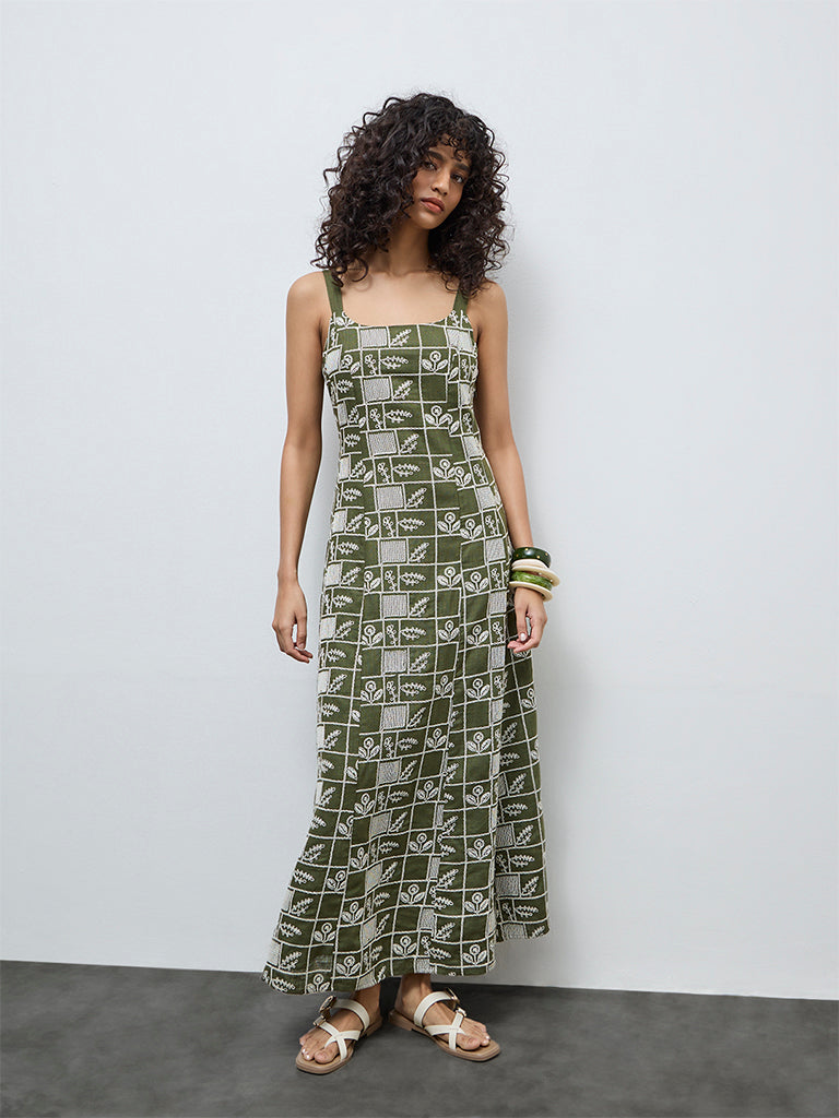 LOV Olive Embroidered A-Line Dress