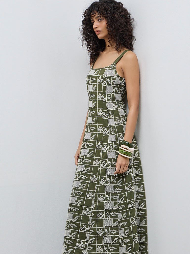 LOV Olive Embroidered A-Line Dress