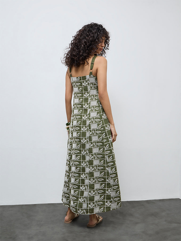 LOV Olive Embroidered A-Line Dress
