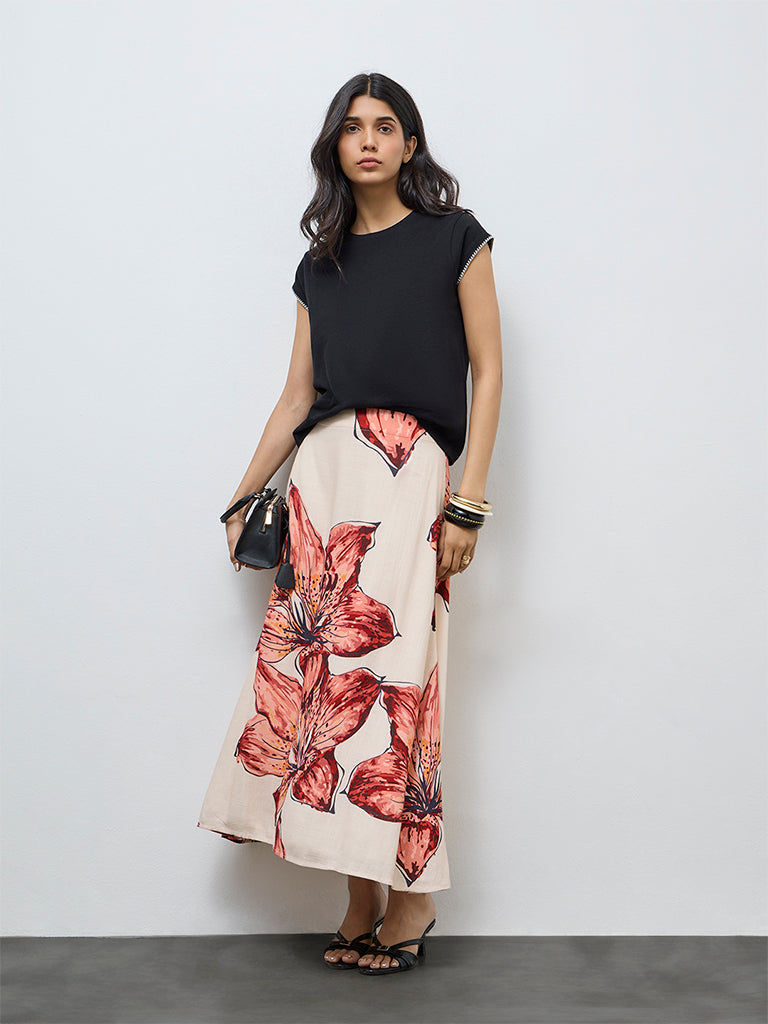 LOV Cream Foliage Printed High-Rise Skirt