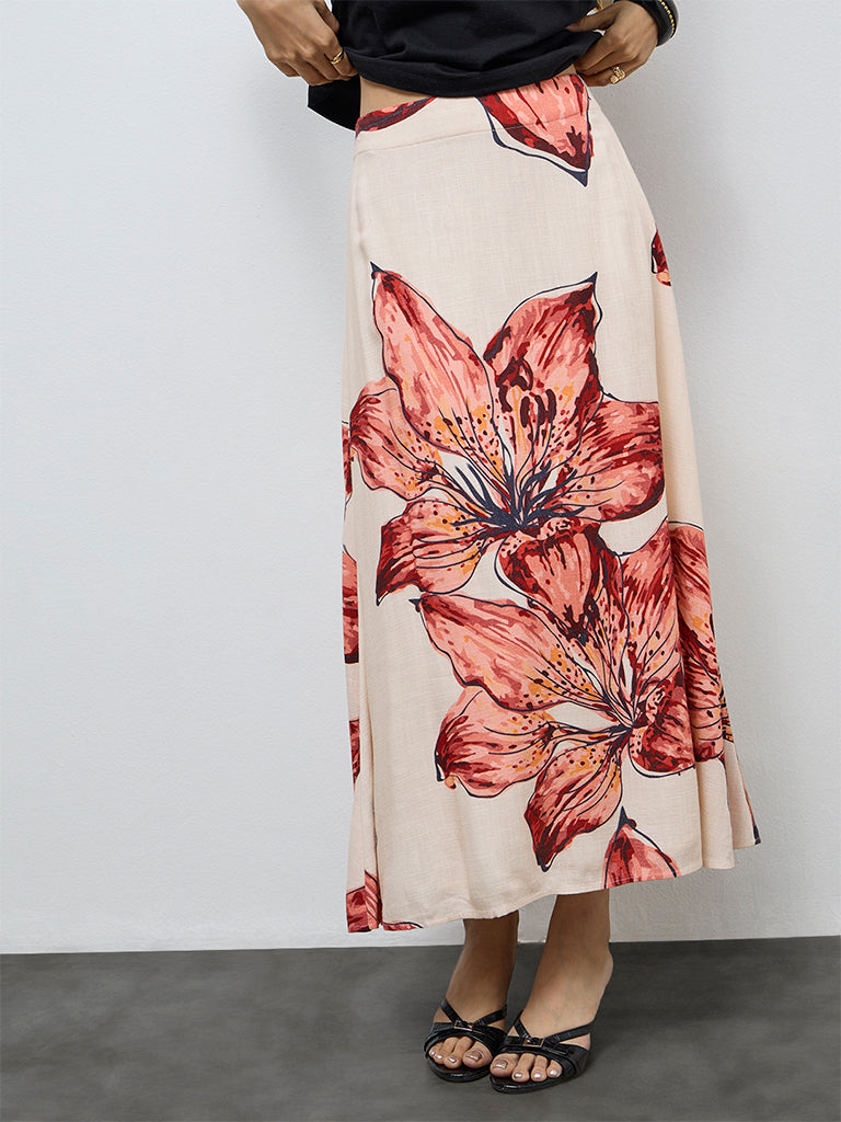 LOV Cream Foliage Printed High-Rise Skirt
