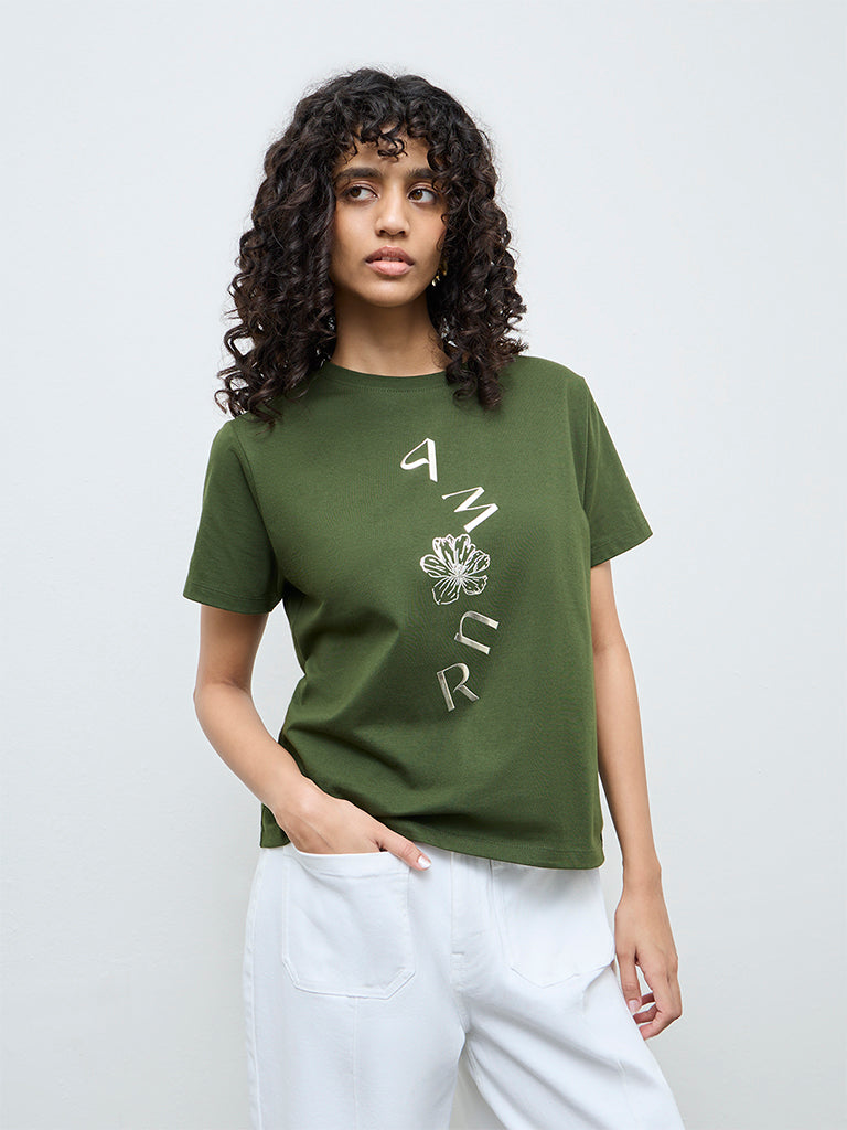LOV Olive Floral Printed Cotton T-Shirt