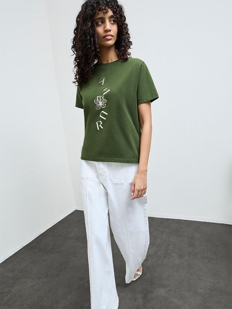 LOV Olive Floral Printed Cotton T-Shirt