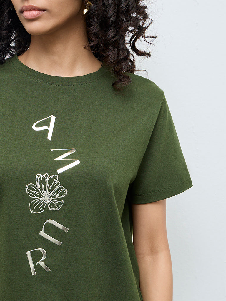 LOV Olive Floral Printed Cotton T-Shirt