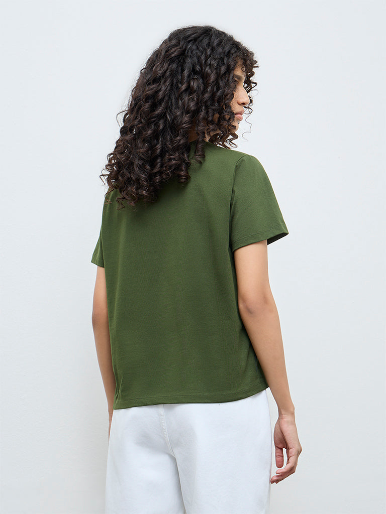 LOV Olive Floral Printed Cotton T-Shirt
