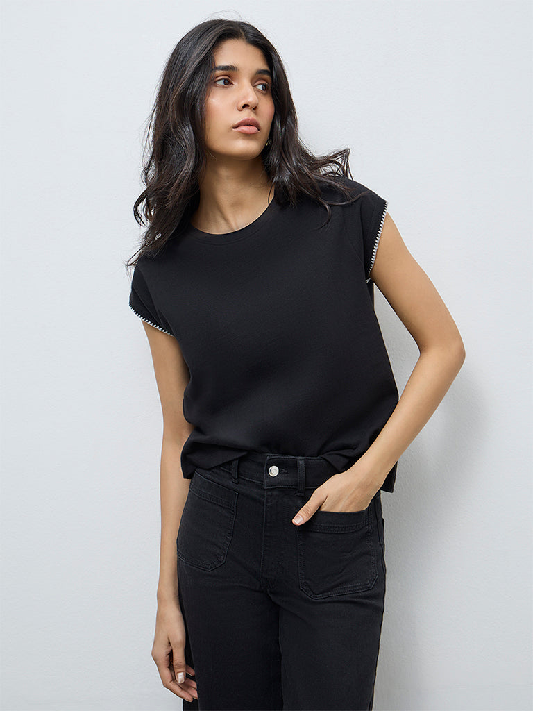 LOV Black Solid Cotton T-Shirt
