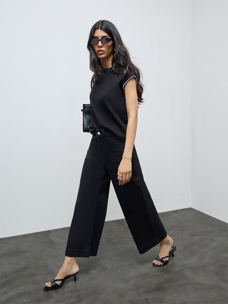 LOV Black Solid Cotton T-Shirt