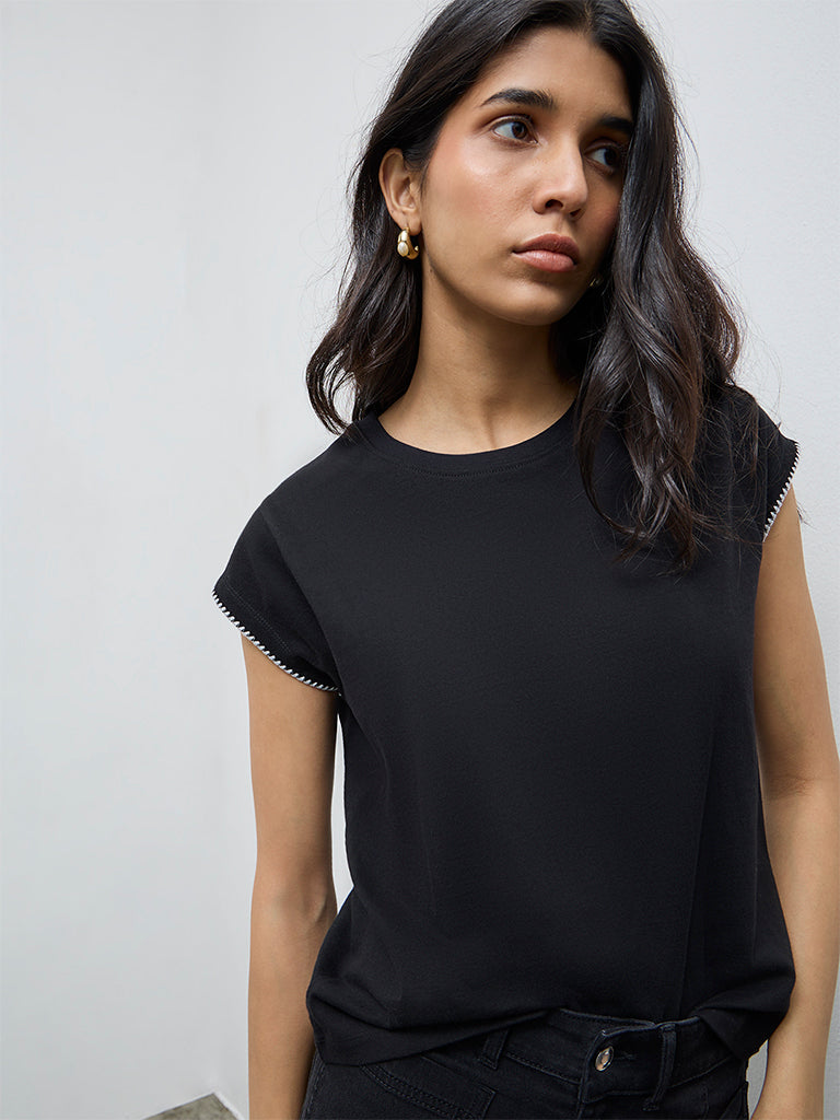 LOV Black Solid Cotton T-Shirt