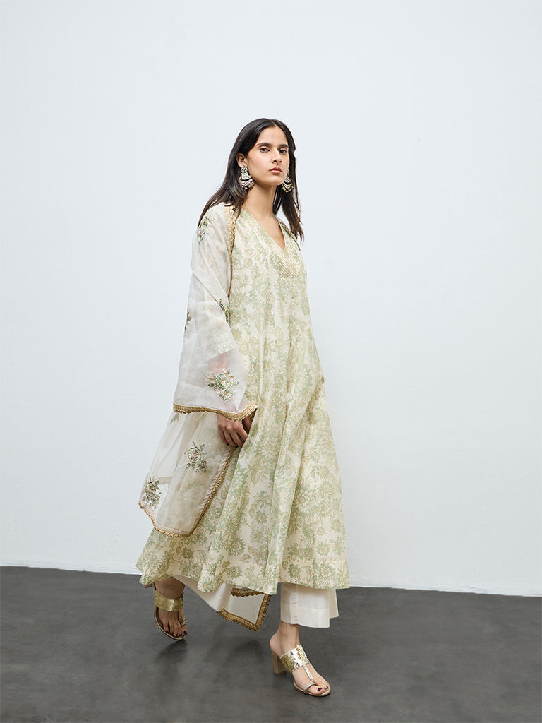 Vark Off-White Floral Printed Cotton-Blend A-Line Ethnic Set