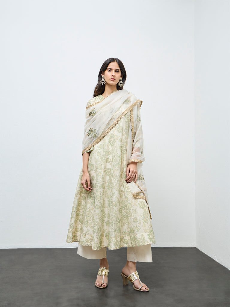 Vark Off-White Floral Printed Cotton-Blend A-Line Ethnic Set