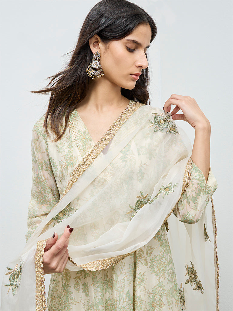 Vark Off-White Floral Printed Cotton-Blend A-Line Ethnic Set