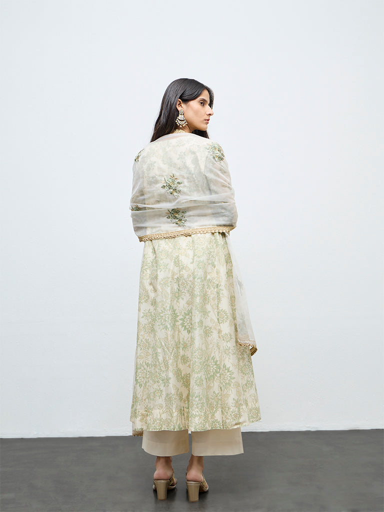 Vark Off-White Floral Printed Cotton-Blend A-Line Ethnic Set
