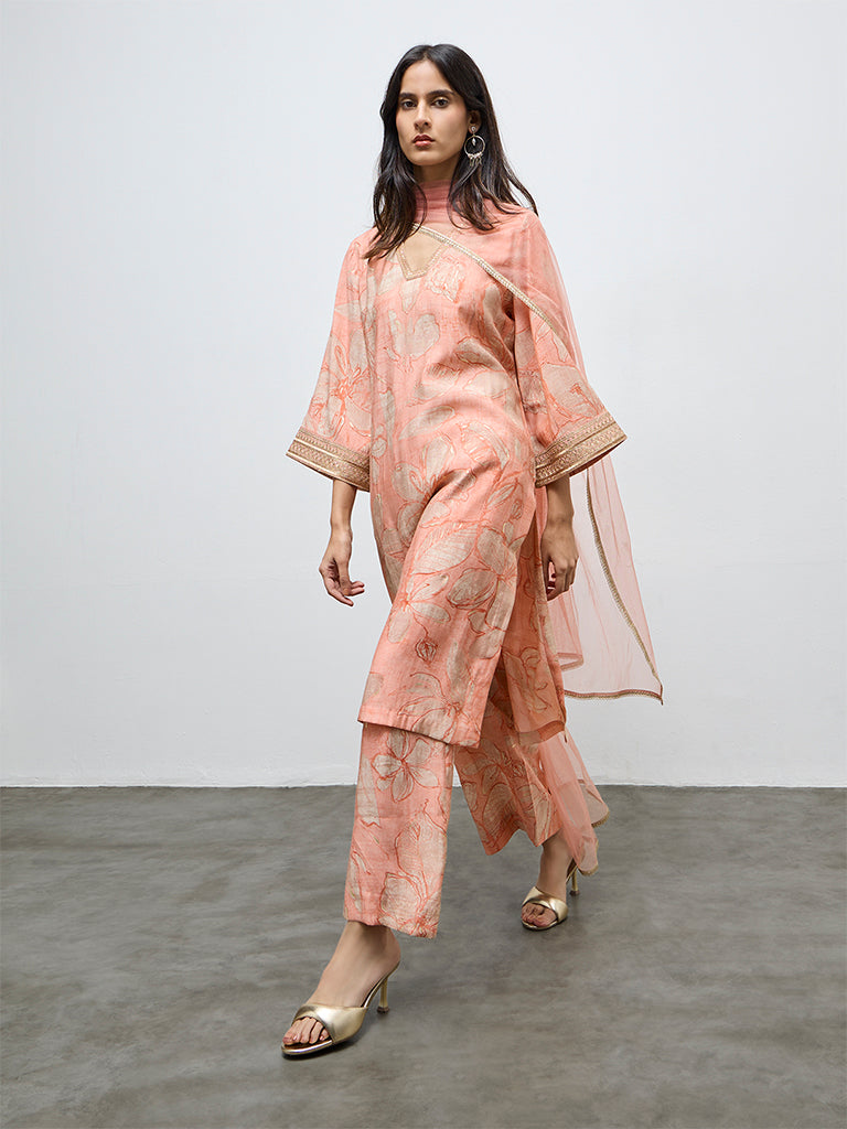 Vark Peach Floral A-Line Ethnic Set