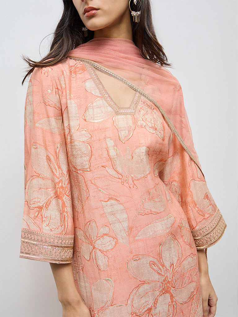 Vark Peach Floral A-Line Ethnic Set