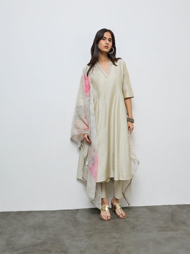 Vark Off-White Embellished A-Line Ethnic Set