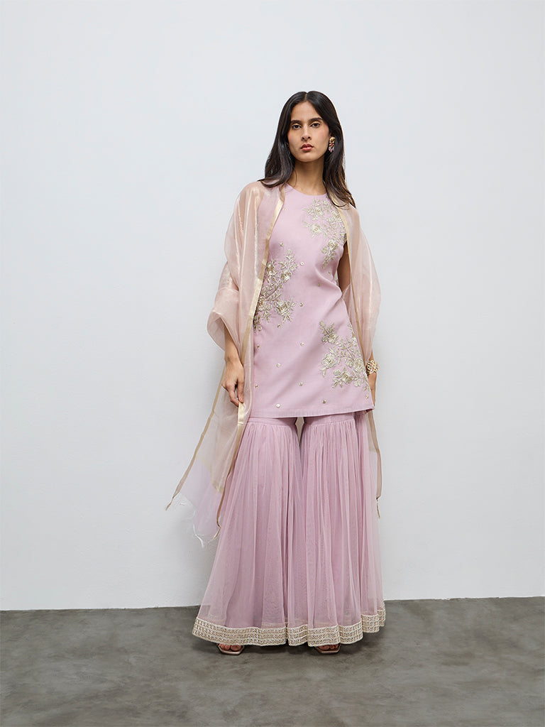 Vark Pink Floral Embroidered Cotton-Blend Straight Ethnic Set
