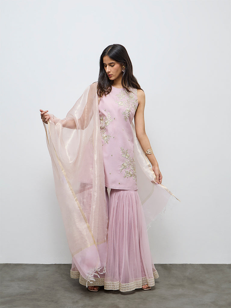 Vark Pink Floral Embroidered Cotton-Blend Straight Ethnic Set