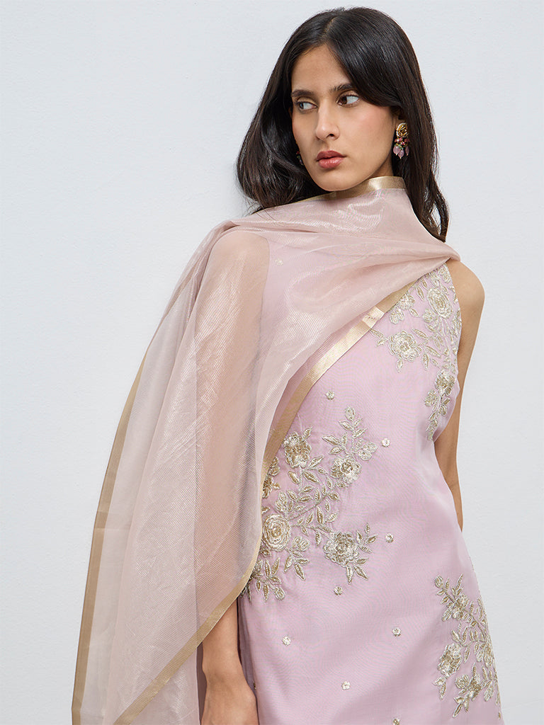 Vark Pink Floral Embroidered Cotton-Blend Straight Ethnic Set