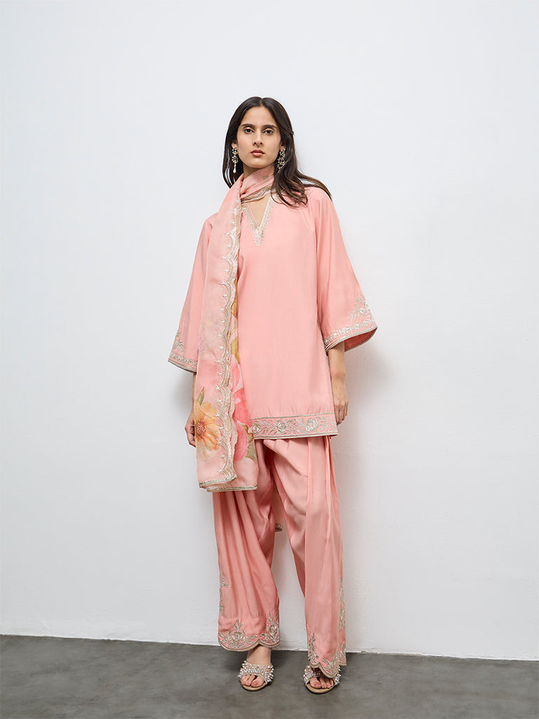 Vark Light Pink Embroidered Straight Ethnic Set