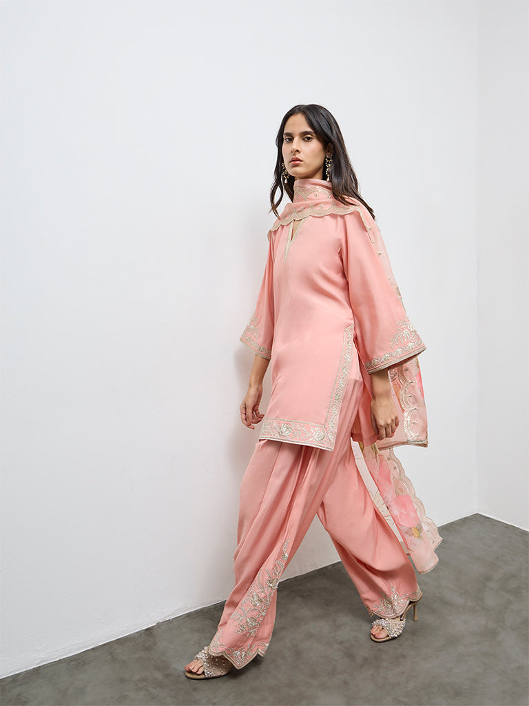 Vark Light Pink Embroidered Straight Ethnic Set