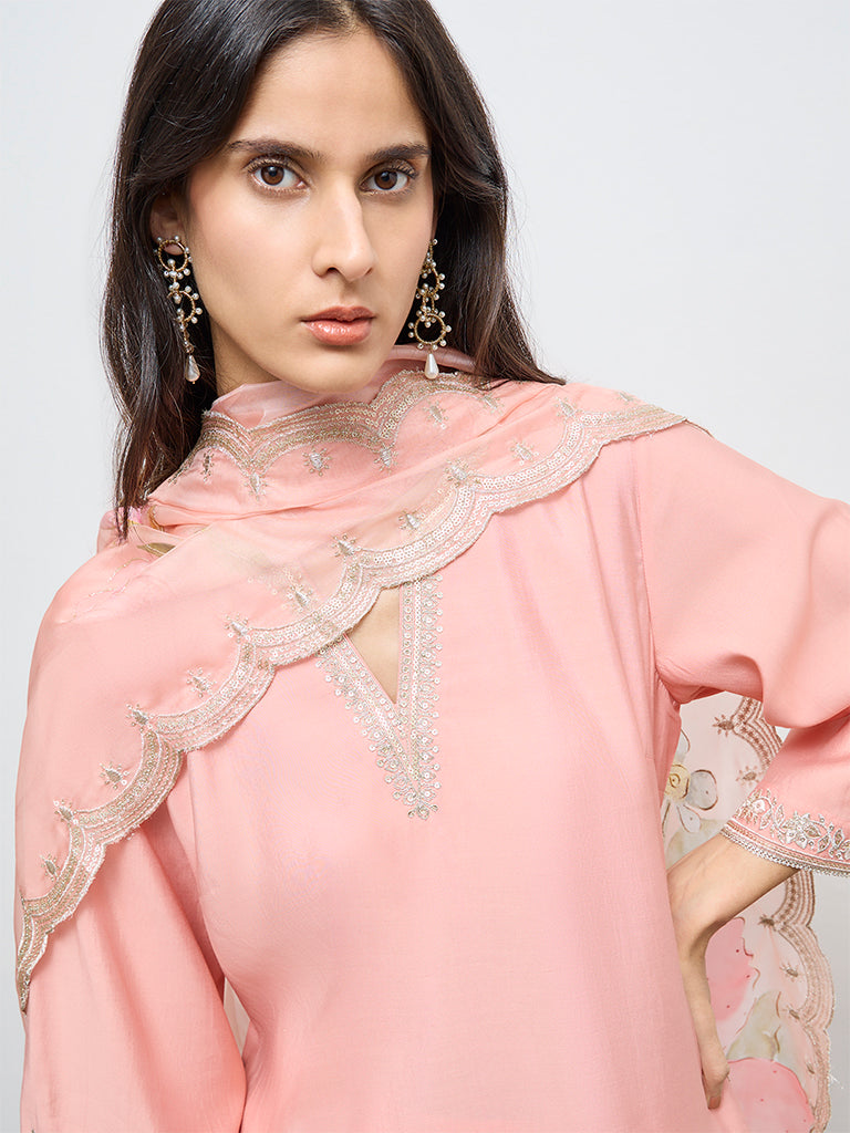 Vark Light Pink Embroidered Straight Ethnic Set