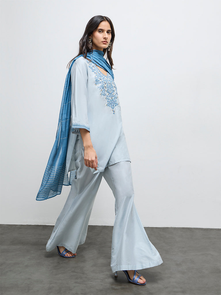Vark Light Blue Floral Embroidered Straight Ethnic Set