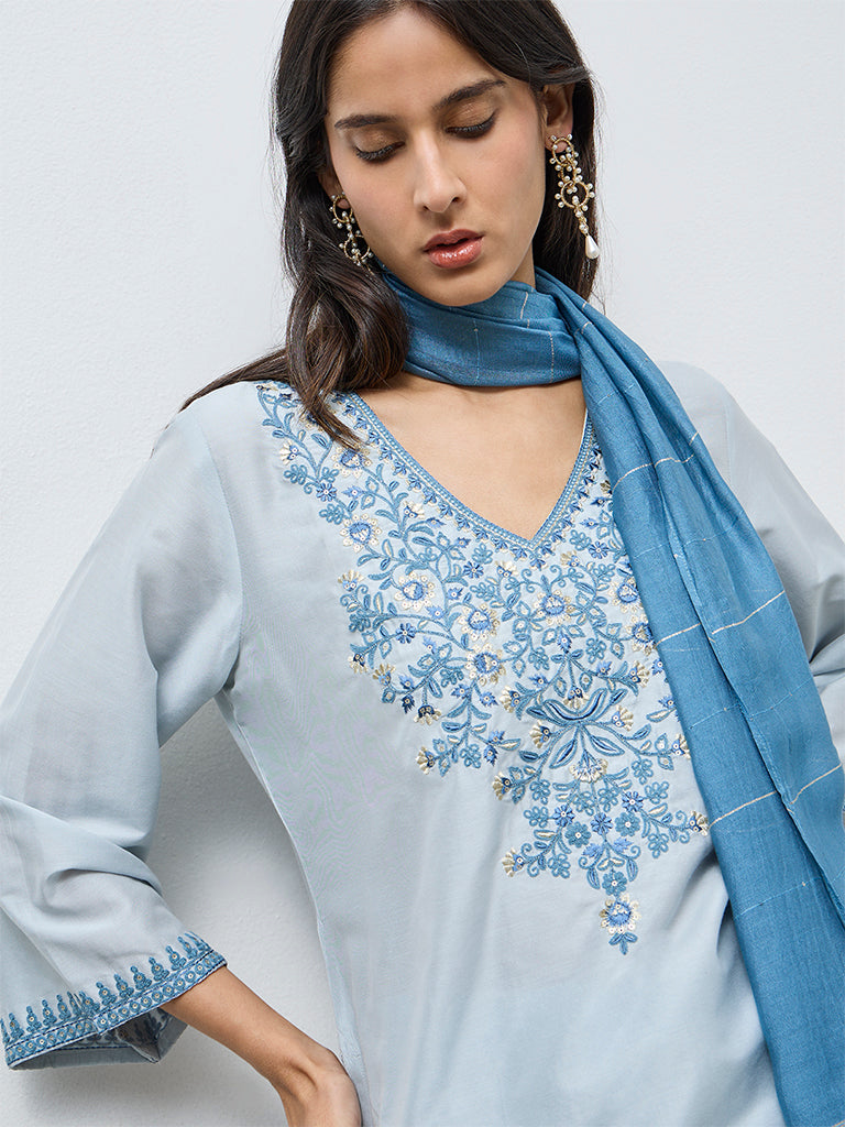 Vark Light Blue Floral Embroidered Straight Ethnic Set
