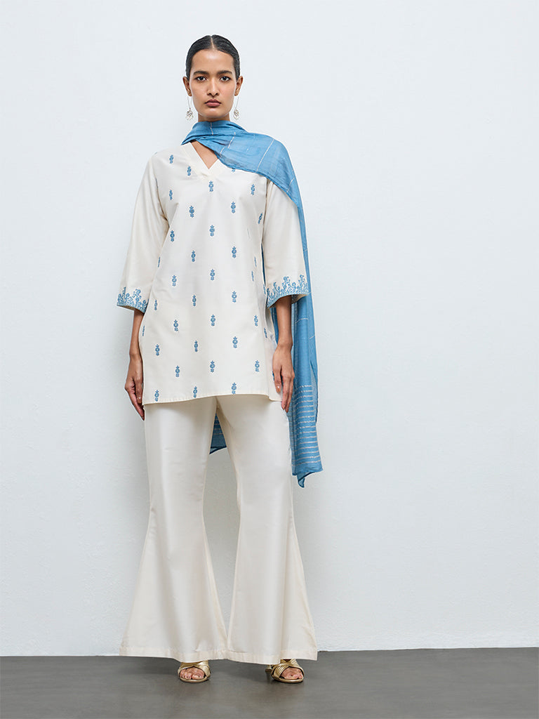 Vark Off-White Floral Embroidered A-Line Ethnic Set