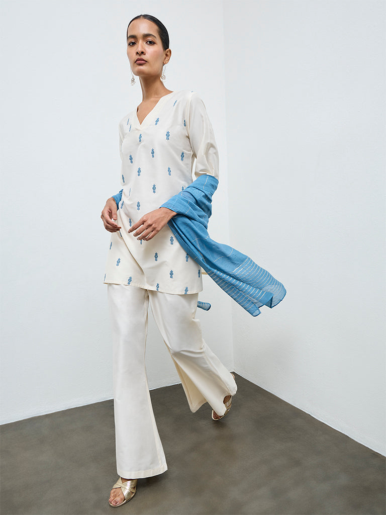 Vark Off-White Floral Embroidered A-Line Ethnic Set