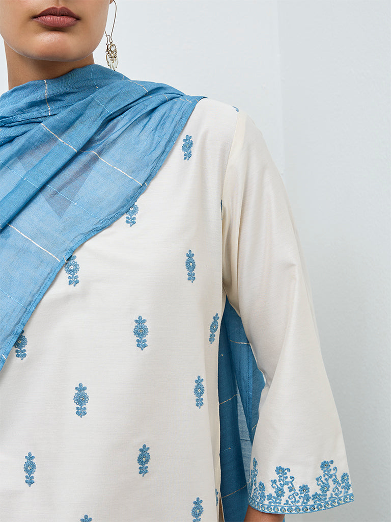Vark Off-White Floral Embroidered A-Line Ethnic Set