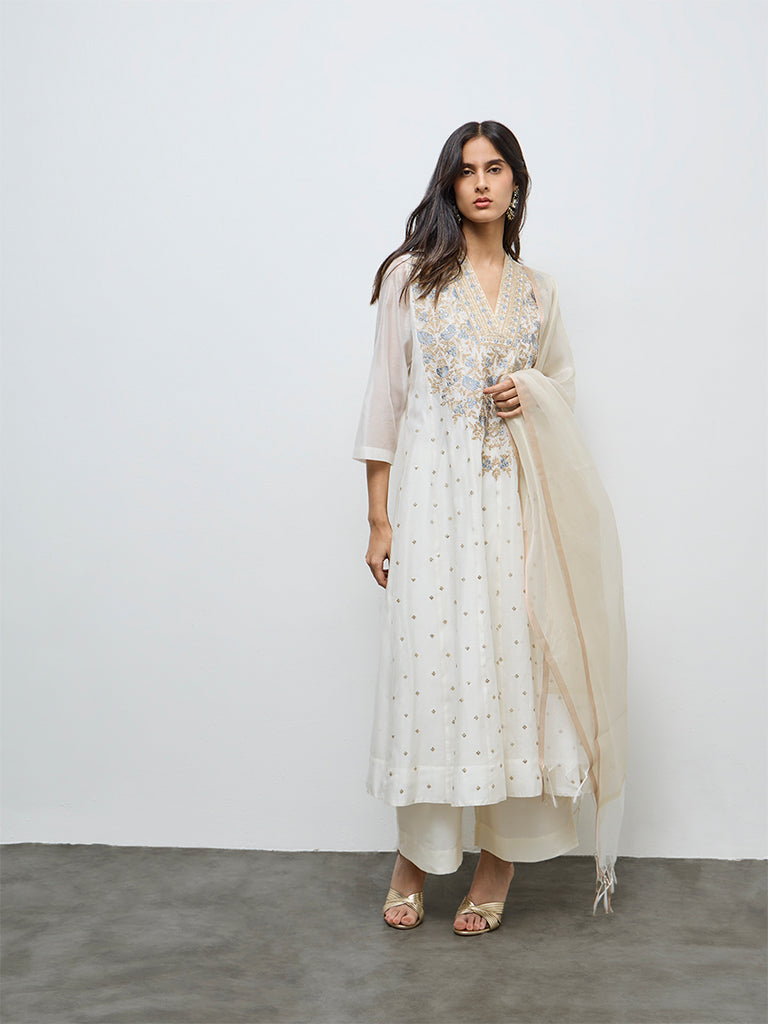 Vark Off-White Floral Embroidered Cotton-Blend A-Line Ethnic Set