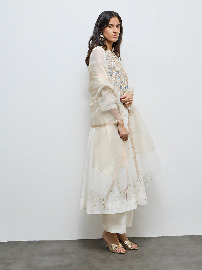 Vark Off-White Floral Embroidered Cotton-Blend A-Line Ethnic Set
