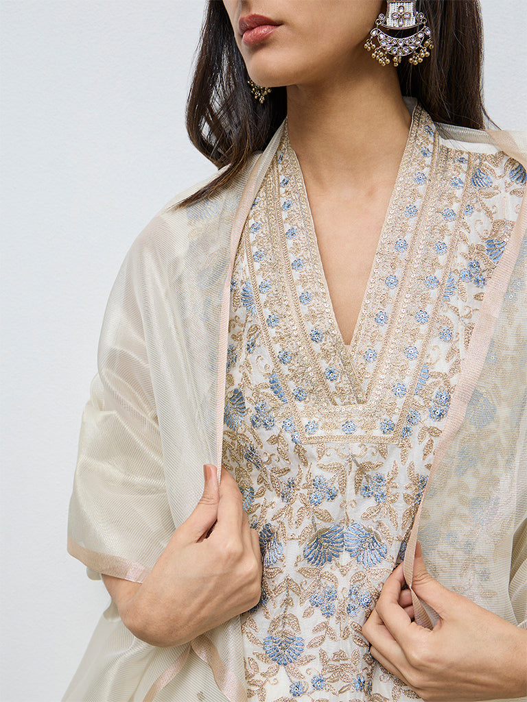 Vark Off-White Floral Embroidered Cotton-Blend A-Line Ethnic Set