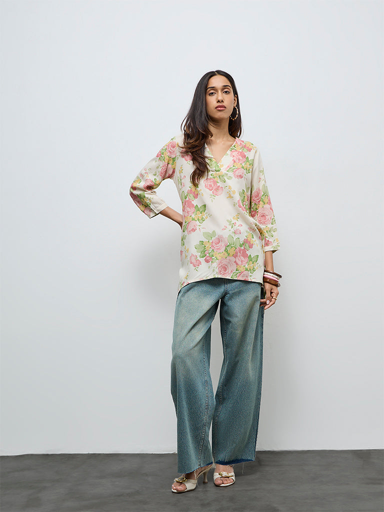Utsa Cream Botanical Design Tunic