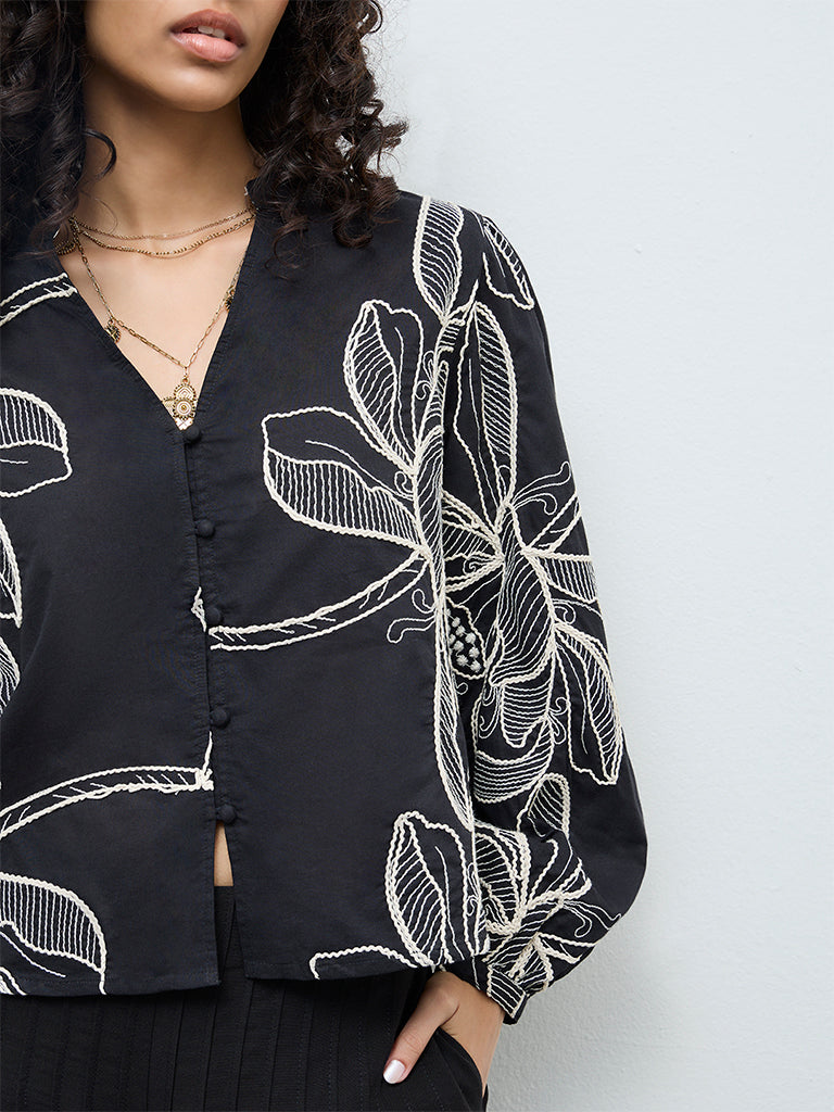 LOV Black Foliage Embroidered Cotton Blouse