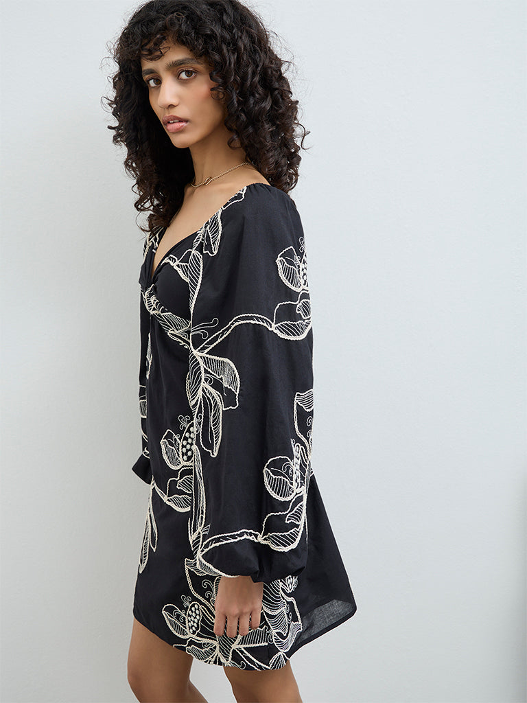 LOV Black Floral Embroidered Cotton A-Line Dress