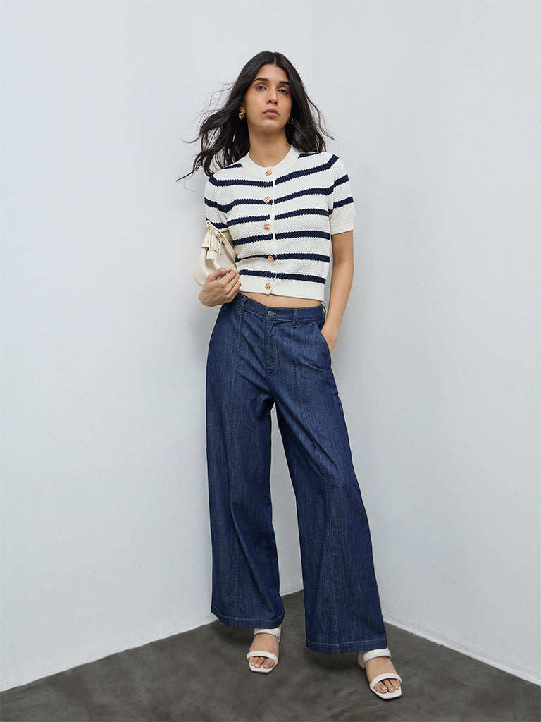 LOV Dark Blue Solid High-Rise Flared Jeans