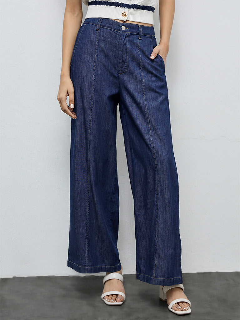 LOV Dark Blue Solid High-Rise Flared Jeans