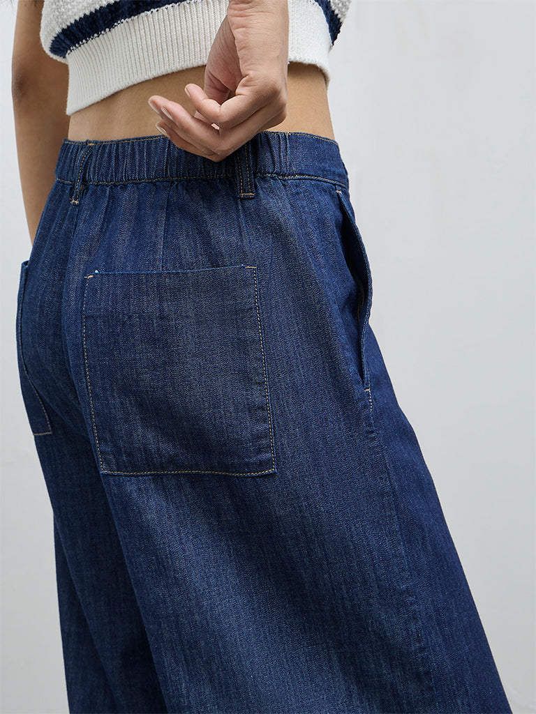 LOV Dark Blue Solid High-Rise Flared Jeans