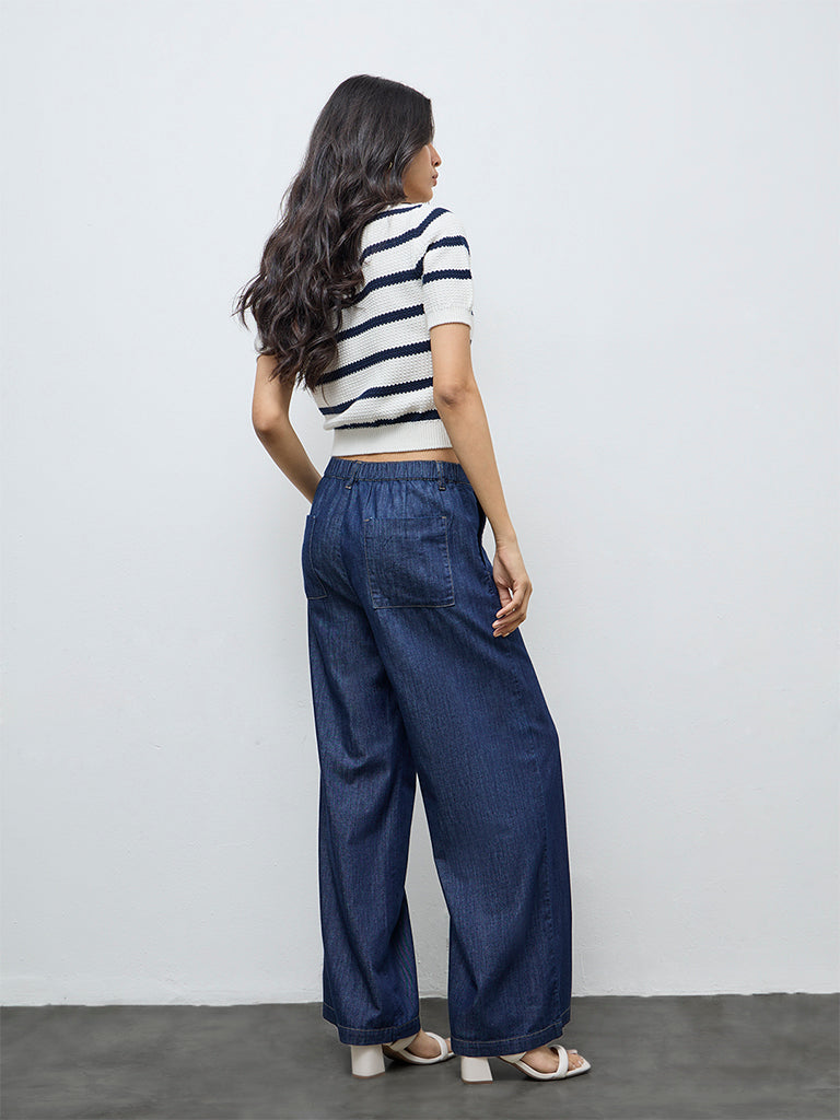LOV Dark Blue Solid High-Rise Flared Jeans