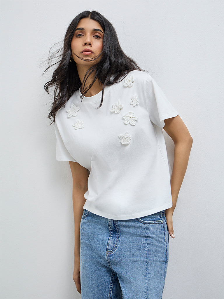 LOV Off-White Floral-Detailed Cotton T-Shirt