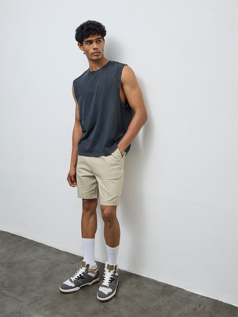 Nuon Taupe Solid Relaxed-Fit Mid-Rise Cotton-Blend Shorts