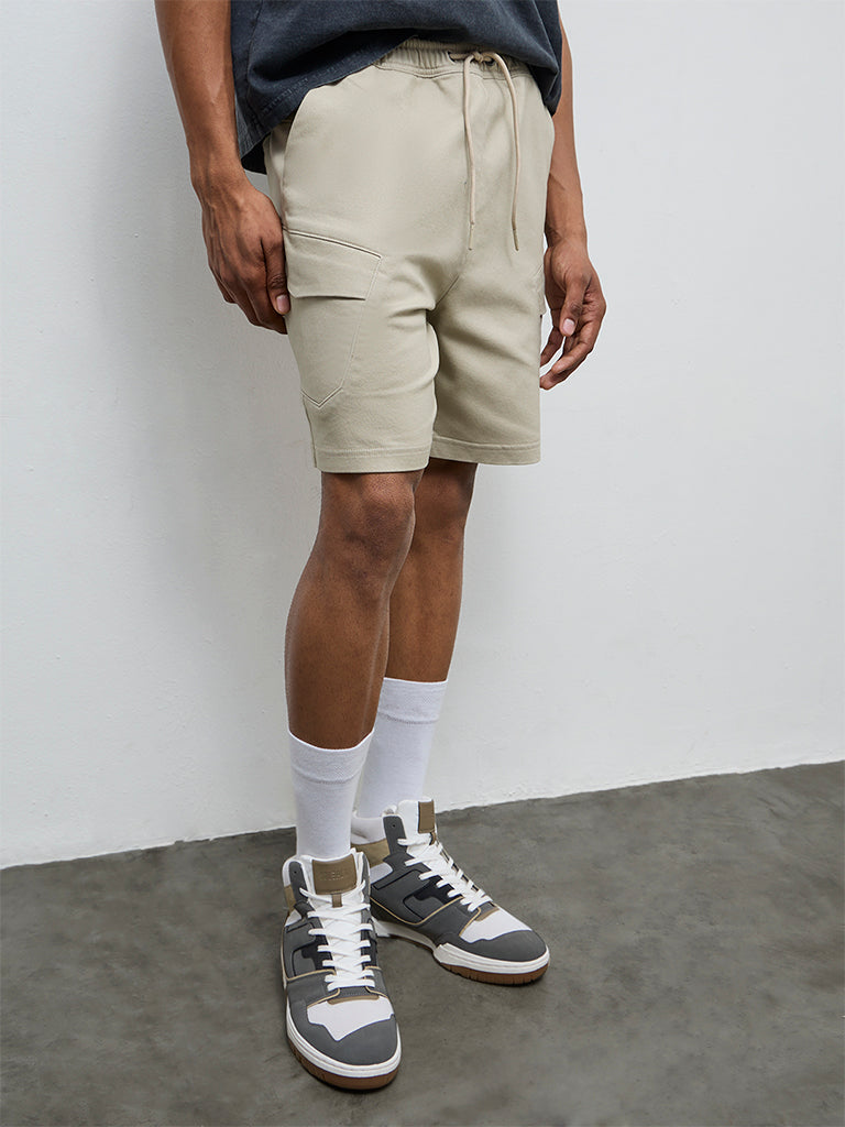 Nuon Taupe Solid Relaxed-Fit Mid-Rise Cotton-Blend Shorts