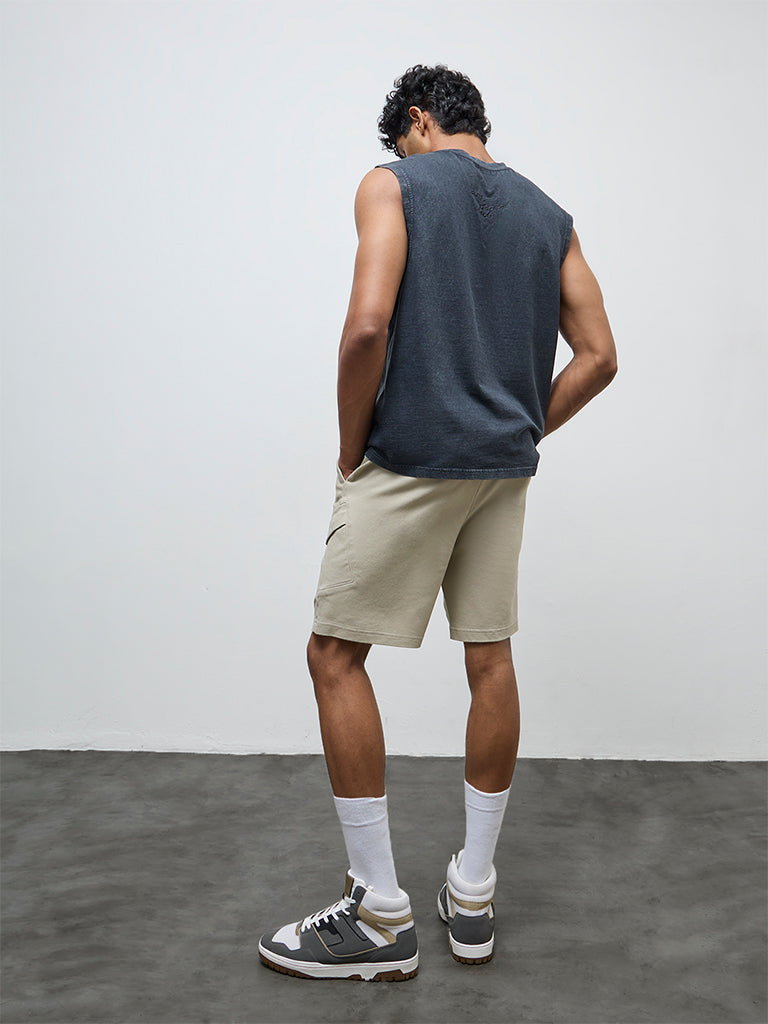 Nuon Taupe Solid Relaxed-Fit Mid-Rise Cotton-Blend Shorts