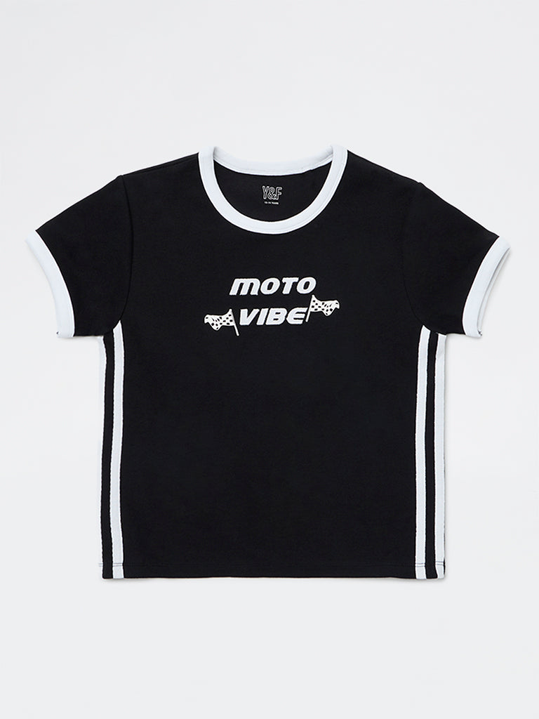 Girls Black Text Detailed Cotton-Blend T-Shirt