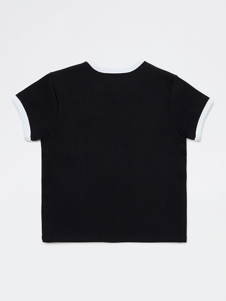 Girls Black Text Detailed Cotton-Blend T-Shirt