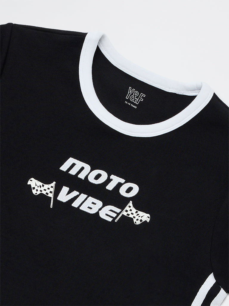 Girls Black Text Detailed Cotton-Blend T-Shirt