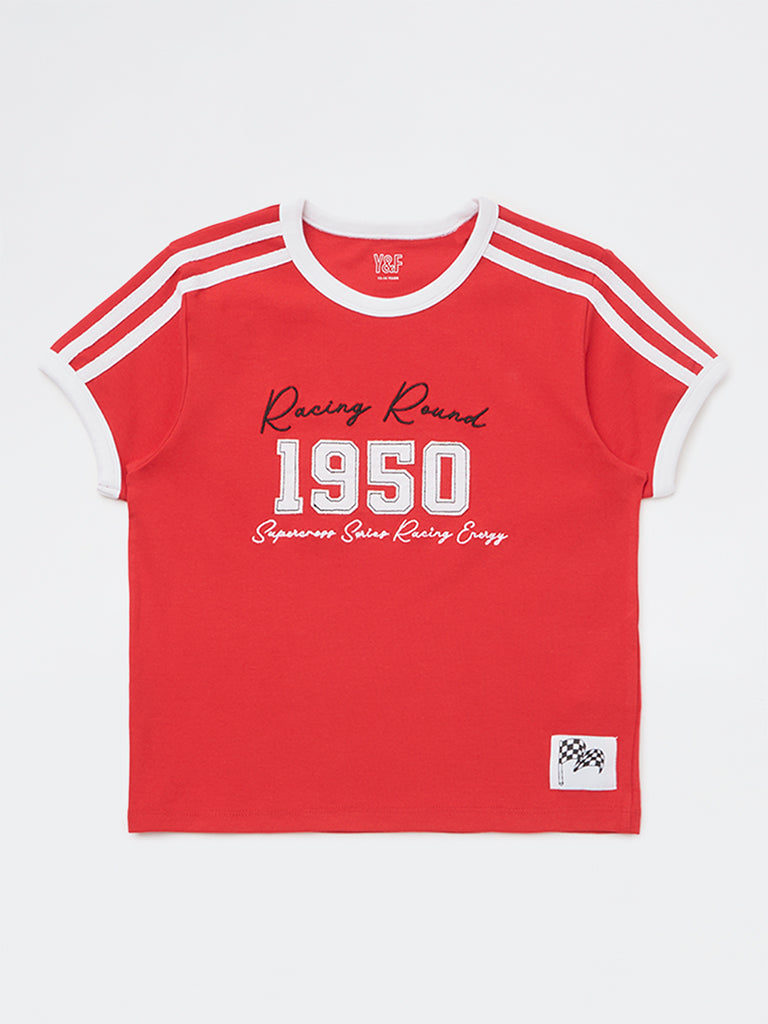 Girls Red Text Design Cotton-Blend T-Shirt