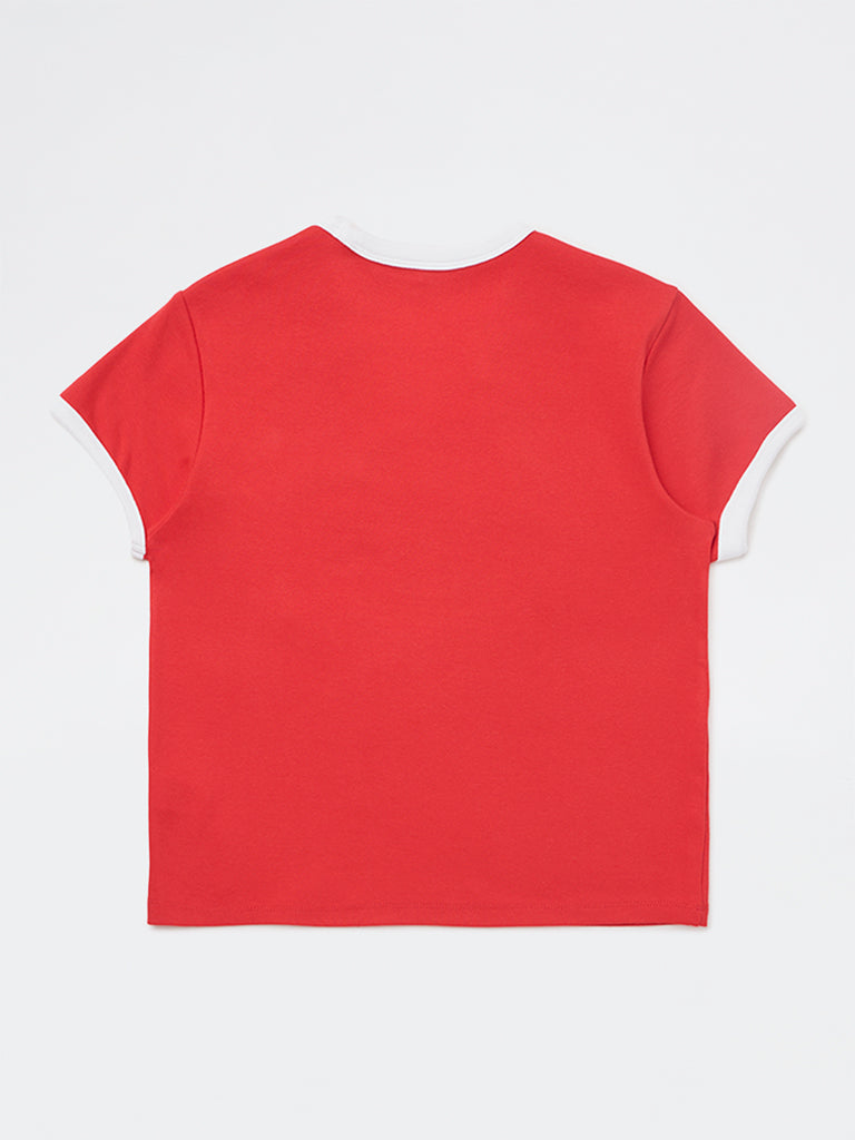 Girls Red Text Design Cotton-Blend T-Shirt