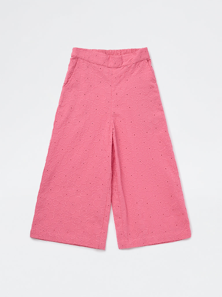 Utsa Kids Girls Pink Floral Embroidered Cotton Pants - (2-8 yrs)